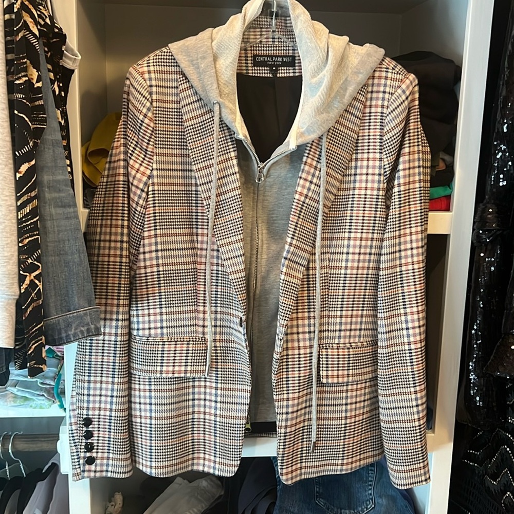 Plaid blazer with removable gray hooded dickie.